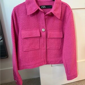 Zara Hot Pink Tweed Pocket Blazer Medium